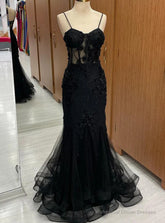 Black Mermaid Spaghetti Straps Flower Prom Dress